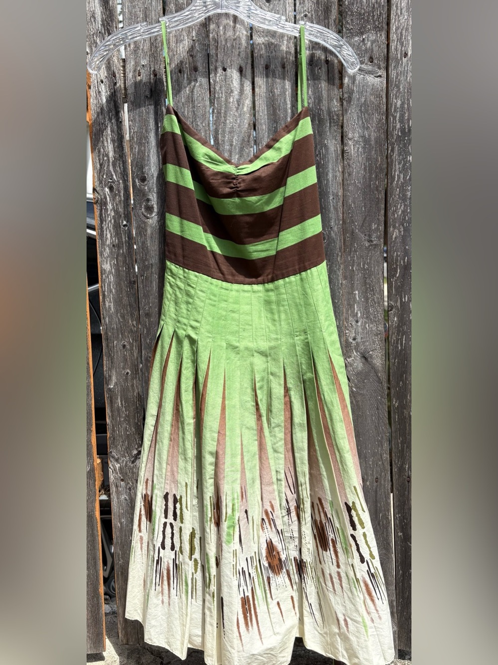 BCBG Green and Brown Striped Spaghetti Strap Maxi Dress
